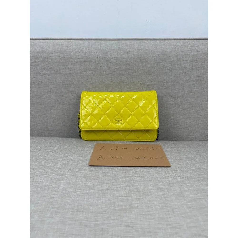 CHANEL Neon Yellow Patent Wallet On Chain Acrylic CC SHW